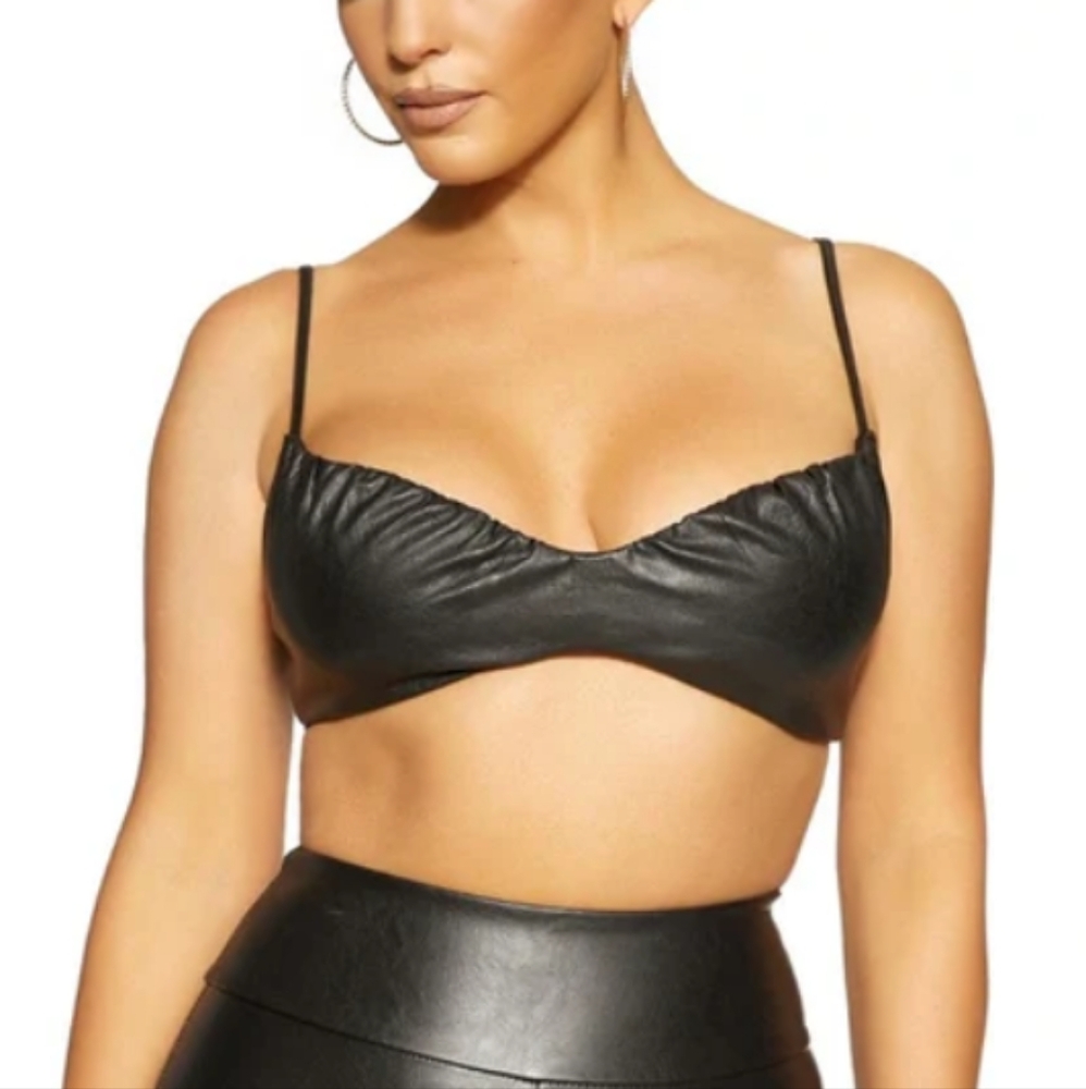 Naked Wardrobe Vegan Leather Bartlett Like Crop Top V-Neck With Shirring